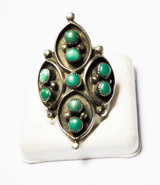 Antique Sterling Silver Turquoise Round Cluster Elongated Scale Ring Size 7