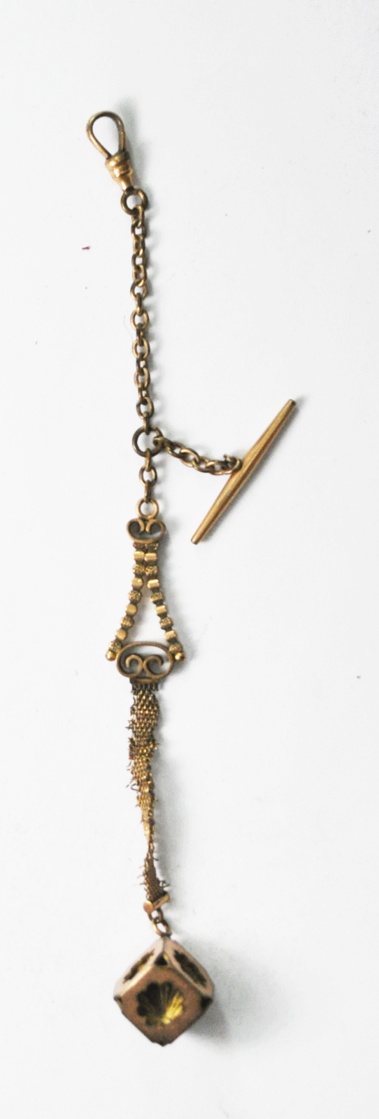 Vintage Gold Filled W&SB Shell Cube Fob 15mm Filigree Chain 5"