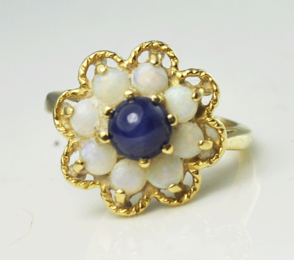 14k Yellow Gold Blue Star Sapphire Opal Flower Cluster Ring 14mm Size 3