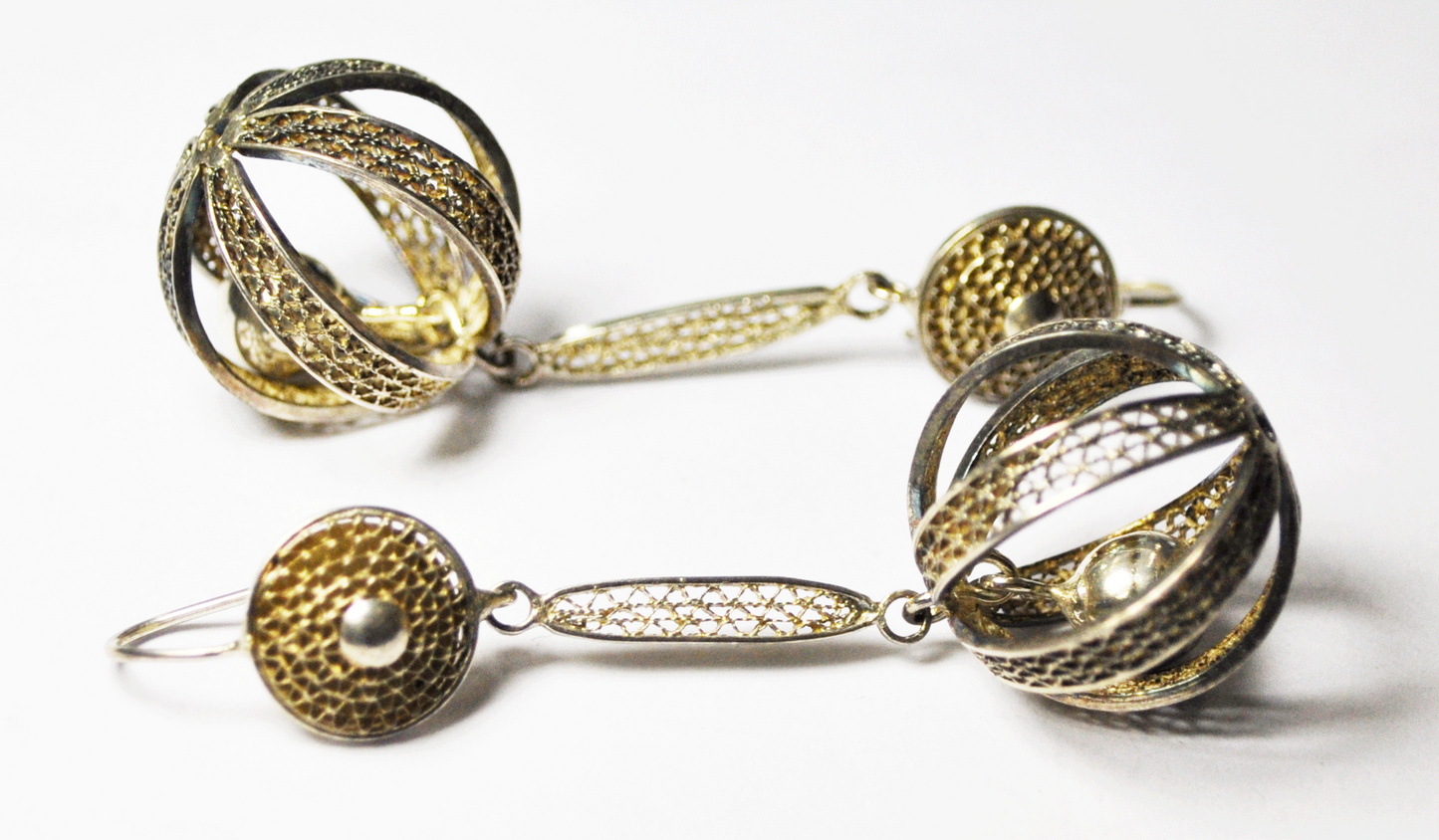 Beautiful 900 Fine Silver Dangle Ball Bell Filigree Earrings 2-3/4" 23mm