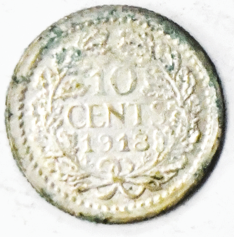1918 10c Netherlands Ten Cents Silver Coin KM# 145