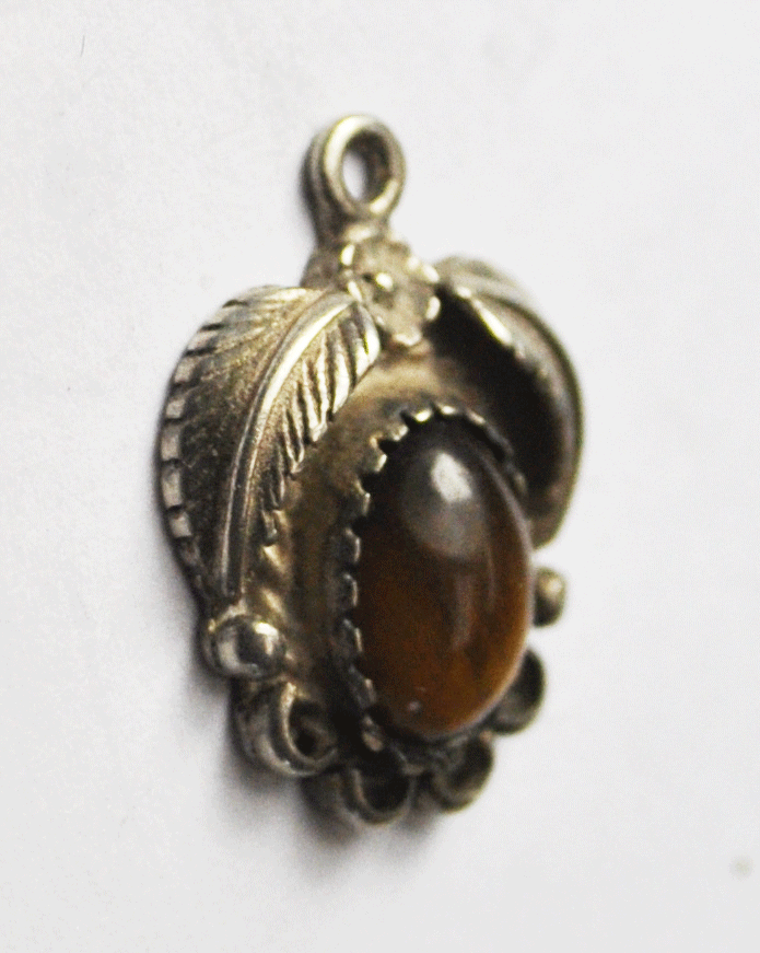Vintage Sterling Silver Tigers Eye Floral Heart Charm 13mm x 17mm
