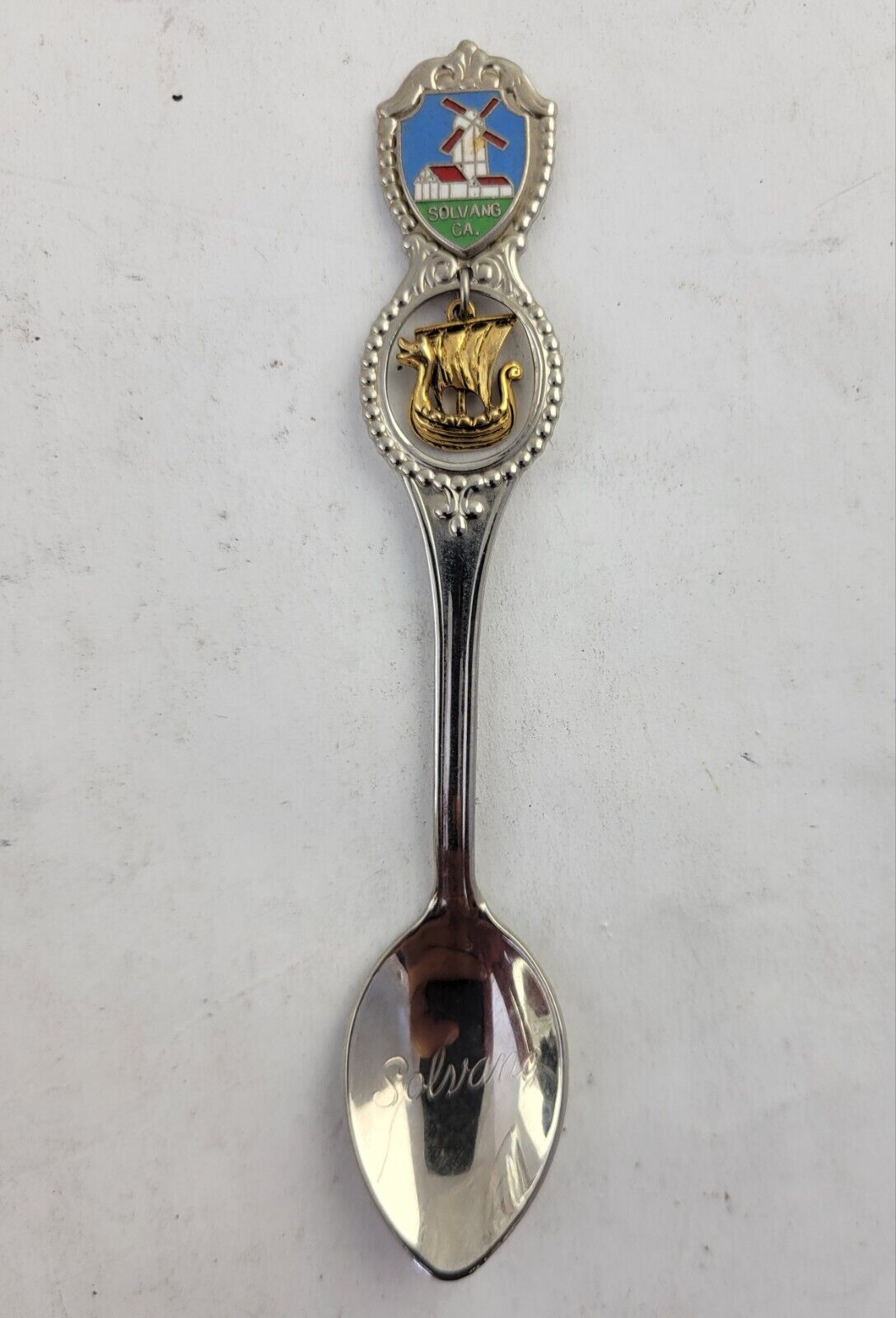 Vintage Windmill Holland & Solvang California Souvenir Spoon Viking Boat
