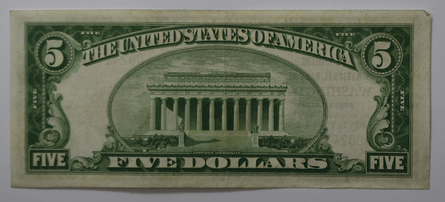 1929 $5 Five Dollars National Currency Note 3383 Washington PA C024178A