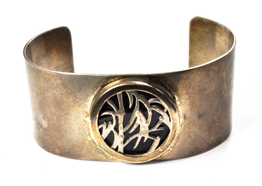 Sterling & 14k 2-Tone M & J Savitt Black Onyx Cutout Cuff Bracelet 29mm 5-3/4"