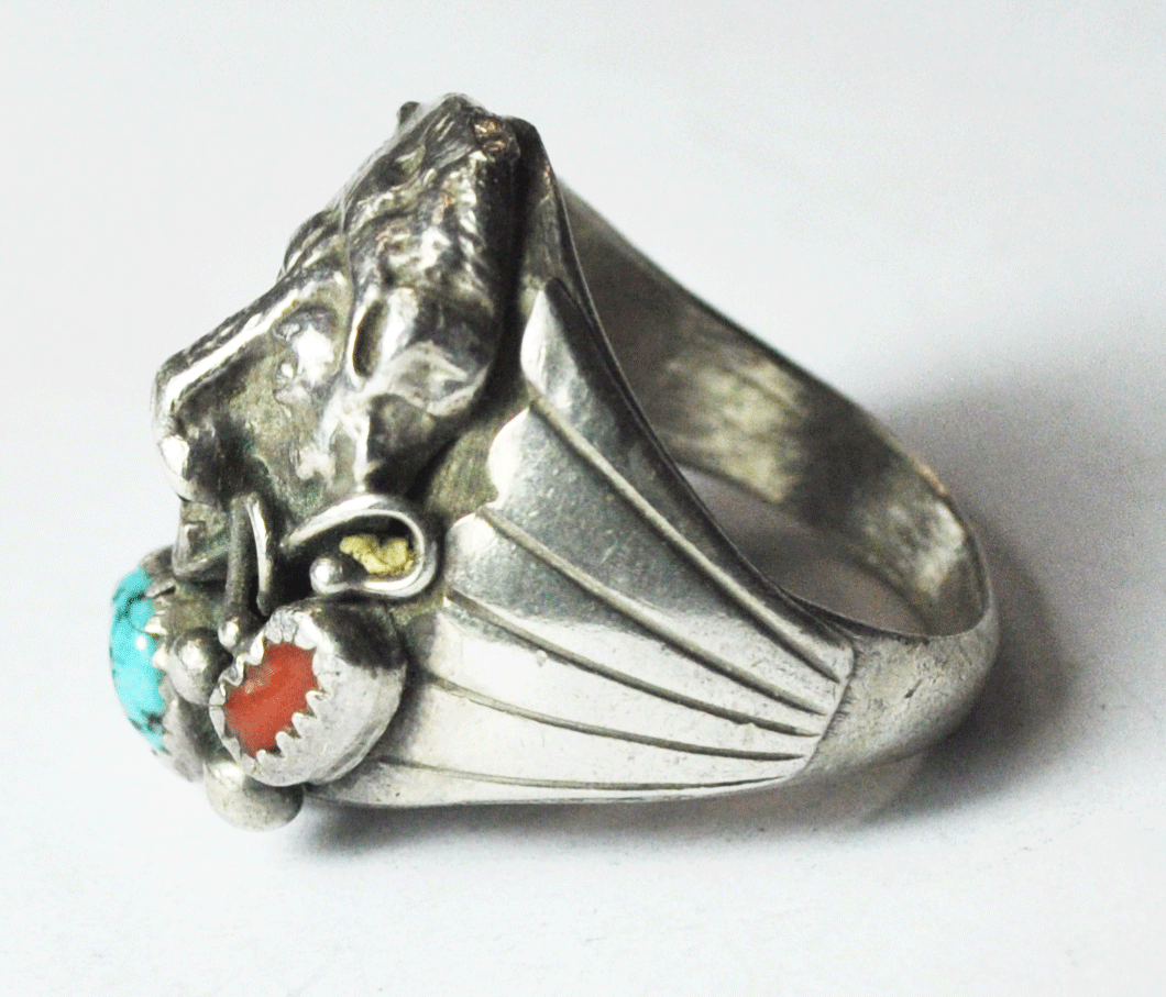Antique Sterling Silver Running Bear Bear Turquoise Coral Ring 28mm Size 12