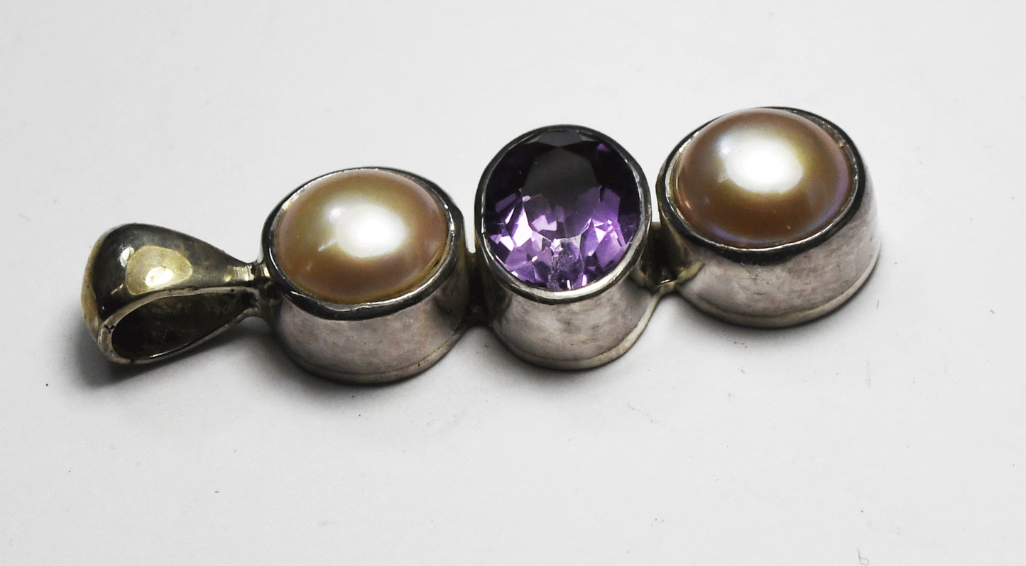 Sterling Starborn Round Pearl Amethyst Tiered Pendant 44mm x 13mm