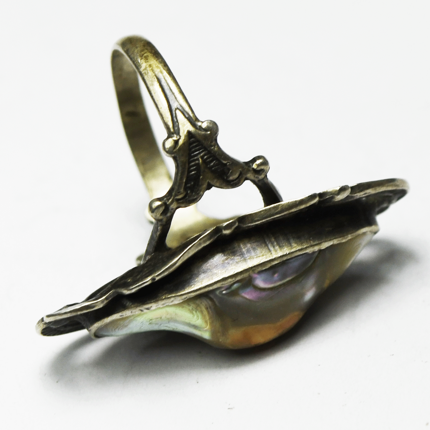 Vintage Sterling Silver MOP Abalone Wire Halo 28mm Ring Size 7-1/2