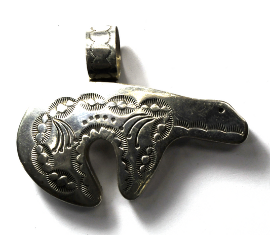 Sterling Silver T Morgan Etched Rays Bear Pendant 2-7/8" x 2-1/4"