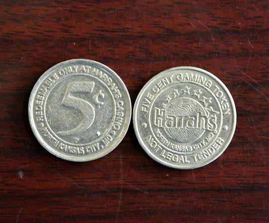 Set of 2 Harrah's Hotel Casino 5 Cent Slot Gaming Tokens North Kansas City Mo.