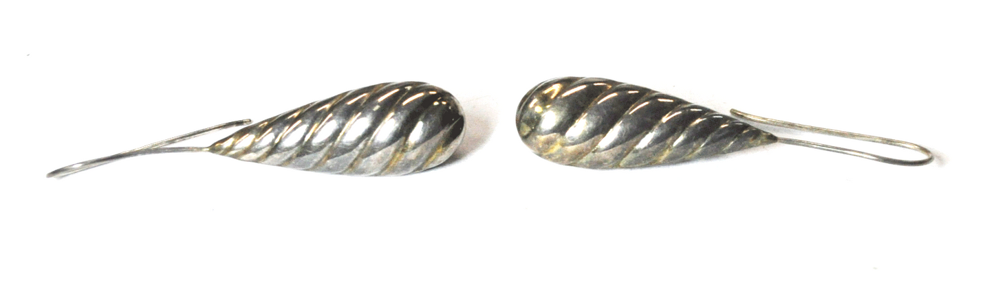 Sterling Silver Puffy Spiral Teardrop Hook Dangle Earrings 2.5" x 8mm