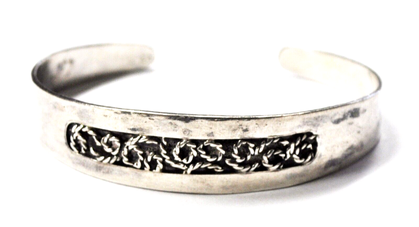 Sterling Silver Rope Spiral Center Cuff Bracelet 15mm 7-1/4" Wrist