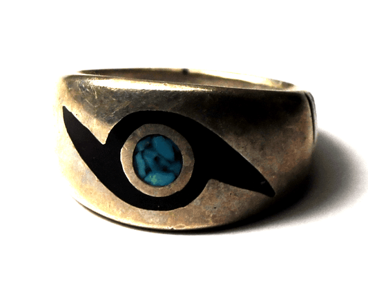 Sterling Silver Signed T Turquoise Onyx Inlay Ring Band 13mm Size 9