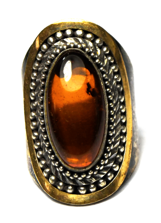 Bali Suarti Two Tone Oval Amber Ring 28mm Size 6 Gold Accent