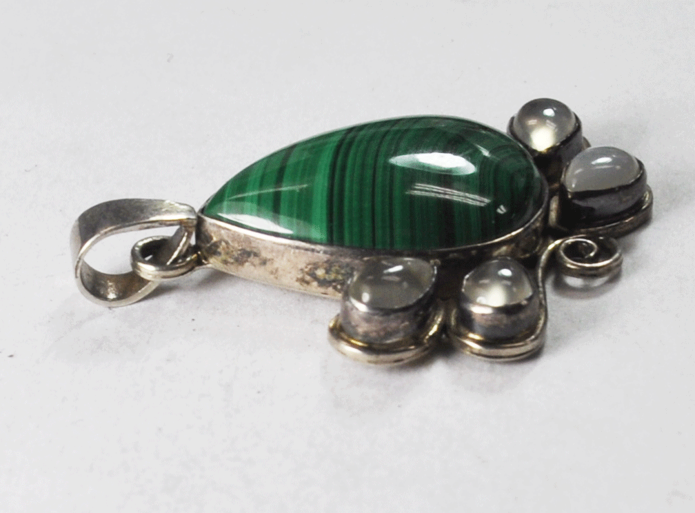 Sterling Silver Sajen Green Malachite Moonstone Pendant Teardrop 1-1/4" x 1-3/4"
