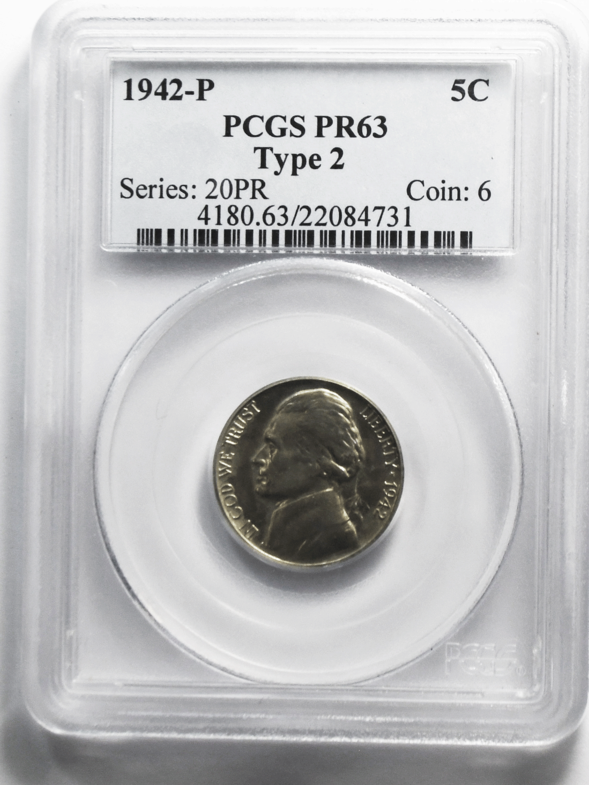 1942 5c Jefferson Proof Silver War Nickel Five Cents PCGS PR63 Type 2