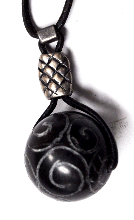 Sterling Silver Silpada Black Cord Necklace Carved Swirl Ball 48mm Pendant