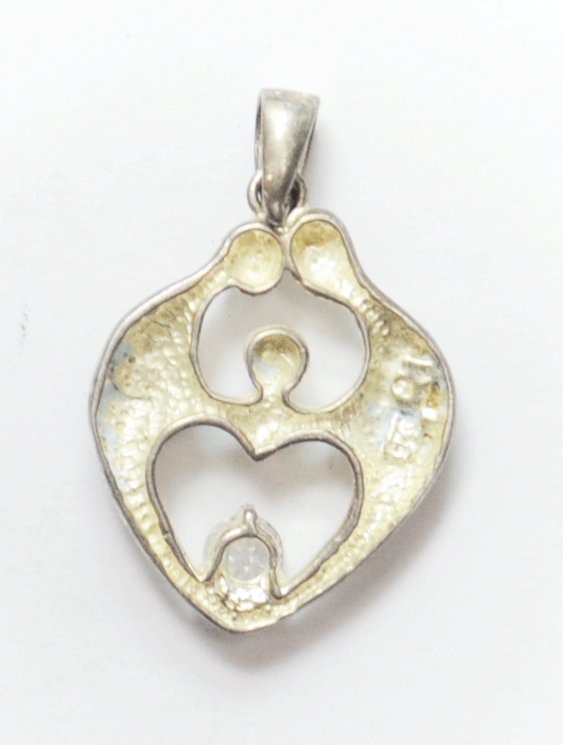 Sterling Silver Abstract Modern Family Silhouette CZ Heart Pendant 19mm x 29mm