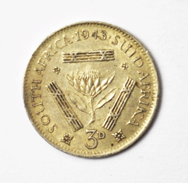1943 South Africa Silver 3 Three Pence KM# 26