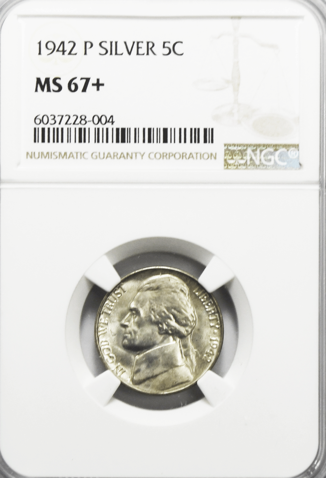 1942 P 5c Jefferson Silver War Time Nickel Five Cents NGC MS67+ Plus