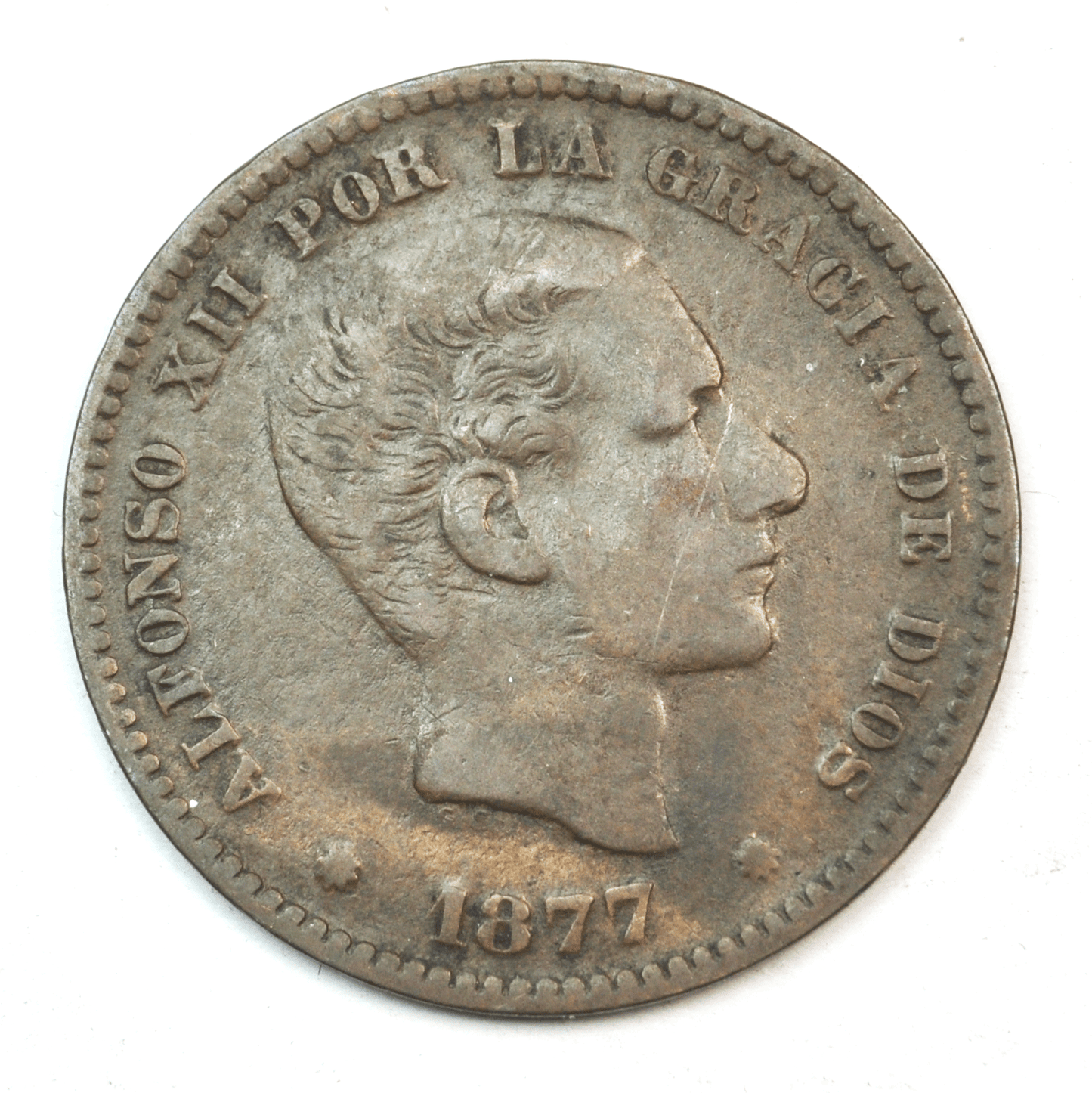 1877 OM Spain 5c Five Centimos Copper Coin KM# 674