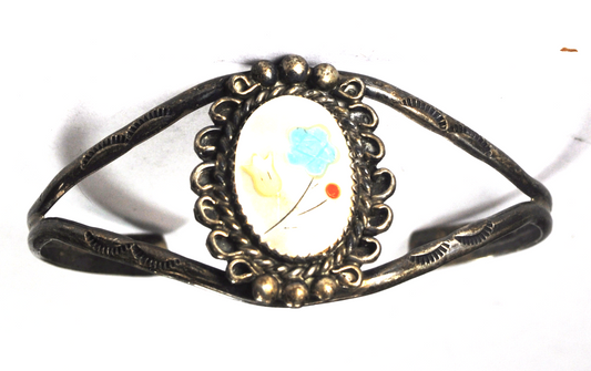 Sterling Silver Oval MOP Blue Flower Inlay Cuff Bracelet 28mm 5.5"