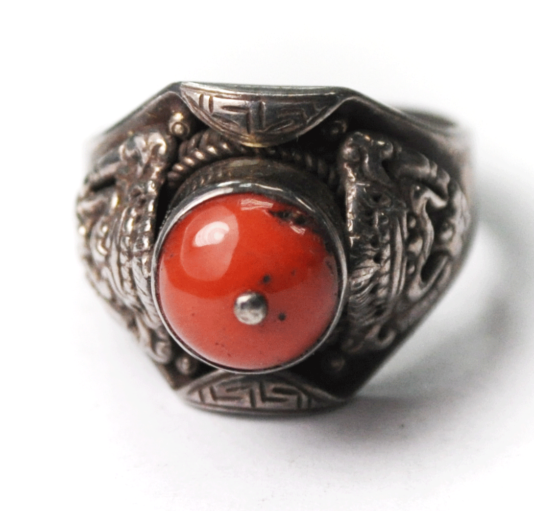 Vintage Sterling Silver Coral Cabochon Dragon Edge 15mm Size 7