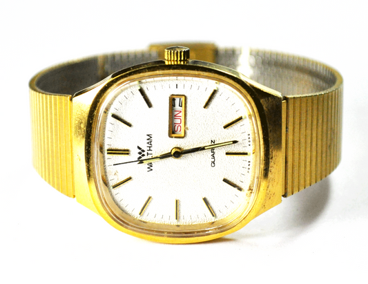 Vintage Waltham Y838-855 Gold Tone Day Date Quartz Watch 33mm Not Running 8-1/2"