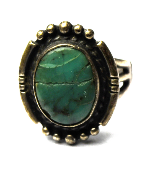 Vintage Sterling Silver Green Oval Turquoise Ring 20mm Size 6