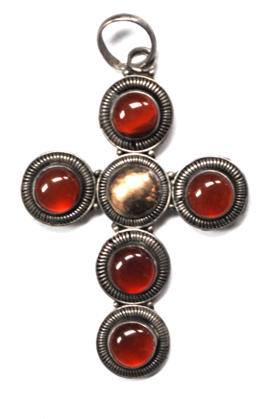 Sterling Silver Two Tone Round Amber Cross Pendant 33mm x 49mm