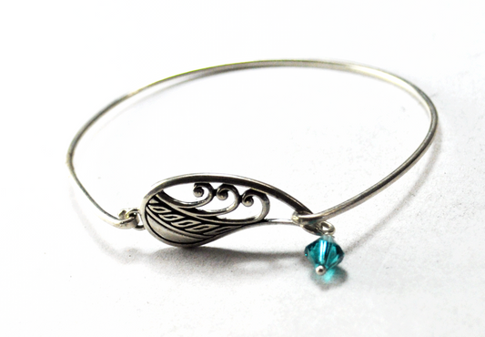 Sterling Teardrop Spiral Latch Blue Charm Bangle Bracelet 1.5mm Bar 7-1/2" 6.2g