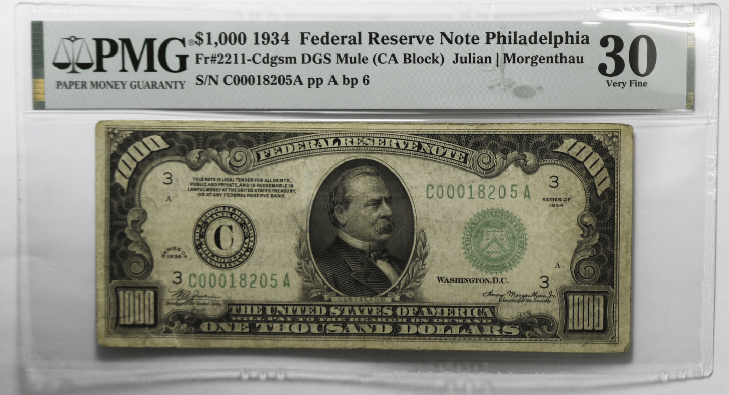 1934 $1000 Federal Reserve Note C00018205A Fr#2211C DGS Mule PMG 30 Tear