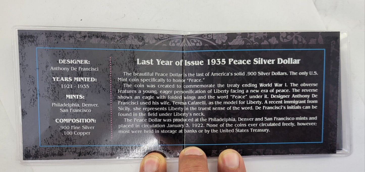 Last Year Of Issue 1935 Peace Silver Dollar Packaged w/COA
