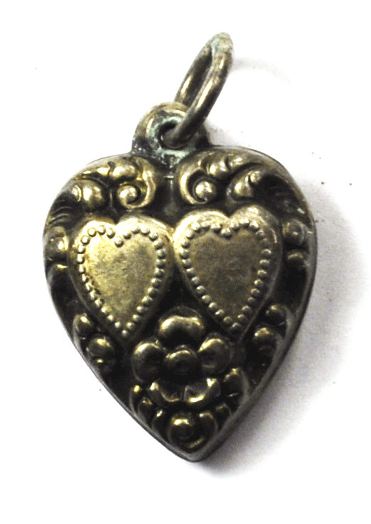 Antique Sterling Silver Double Heart Flower Puffy Heart Charm 18mm
