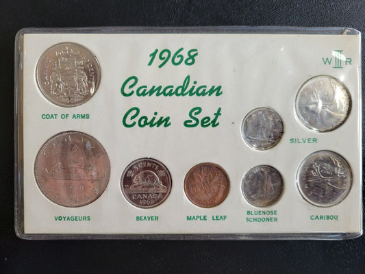 1968 CANADA 8 Coin Year Set in Cardboard Holder - 50% Silver Dime and Quarter
