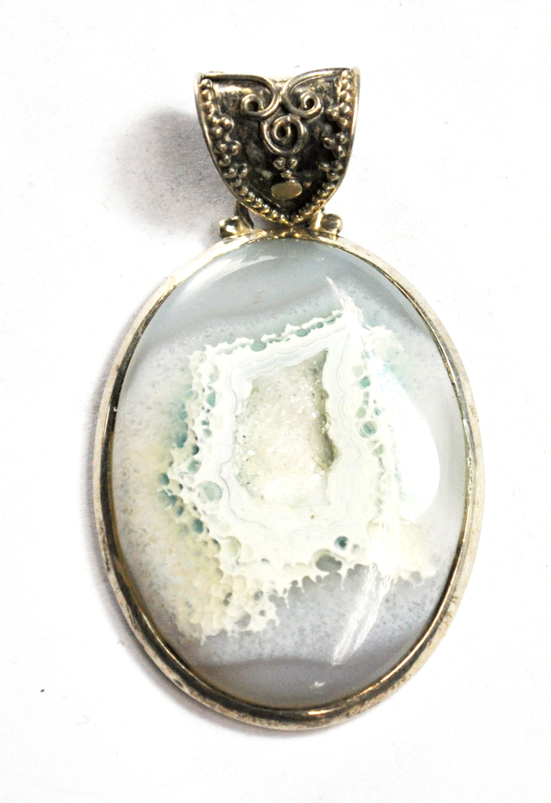 Sterling Silver Druzy Lace Agate Large Oval 10mm Bale Pendant 38mm x 64mm
