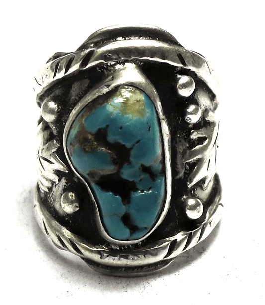 Antique ER Sterling Silver Turquoise Leaf Edge Ring 27mm Size 7