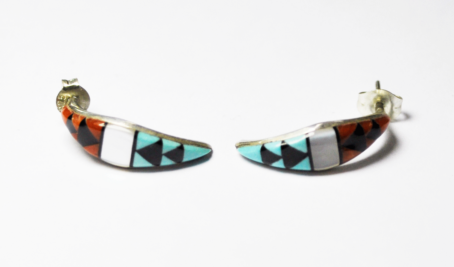 Sterling Silver Zuni Inlay Triangle MOP Half Hoop Curved Pierced Earrings 20mm
