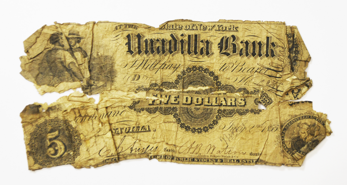 1855 $5 Five Dollars Unadilla Bank New York  Obsolete Note