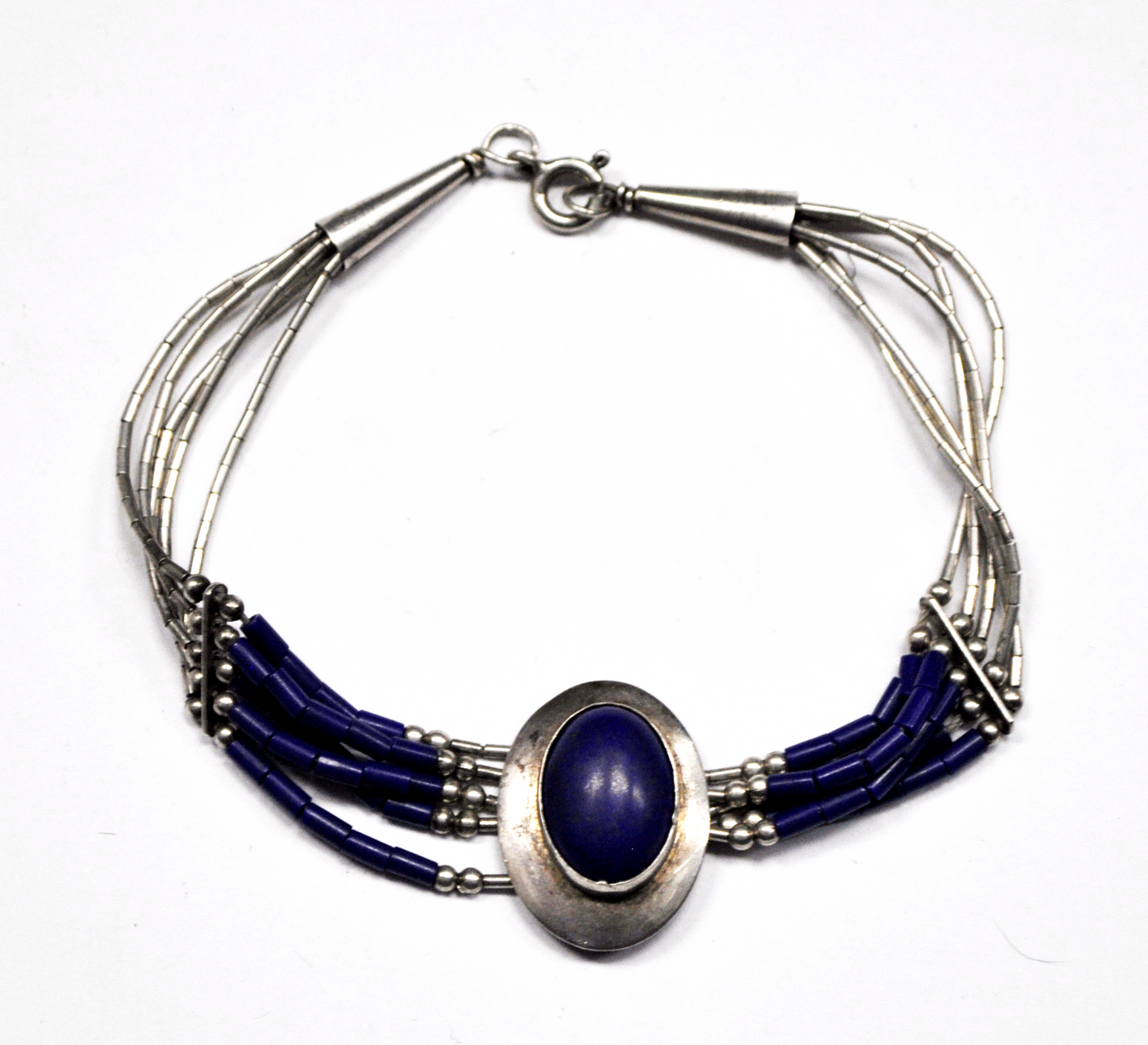 Blue Oval 20mm Pendant Lapis Bead Sterling Liquid Silver Bracelet Sun Etch 7.25"