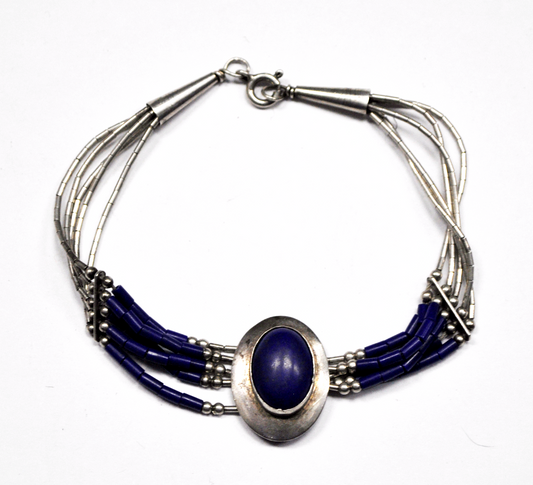 Blue Oval 20mm Pendant Lapis Bead Sterling Liquid Silver Bracelet Sun Etch 7.25"
