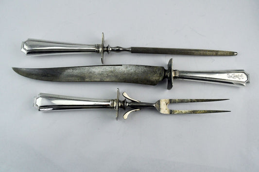LARGE Fairfax by Gorham Sterling Silver 3 Pc.Carving Fork Knife Steel Rod Set