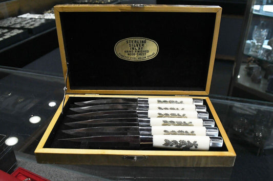 Arnart 6 pc Steak 7 1/2" Knives Stainless Steel Sterling Inlay in Wood Chest