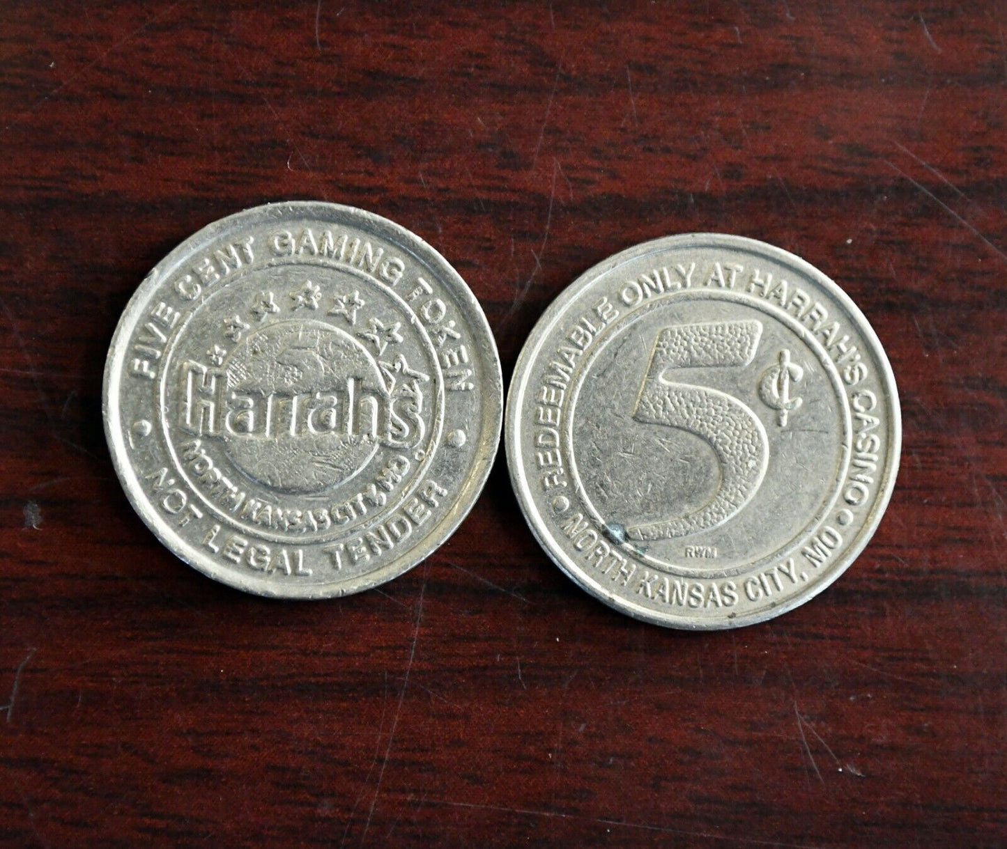 Set of 2 Harrah's Hotel Casino 5 Cent Slot Gaming Tokens North Kansas City Mo.