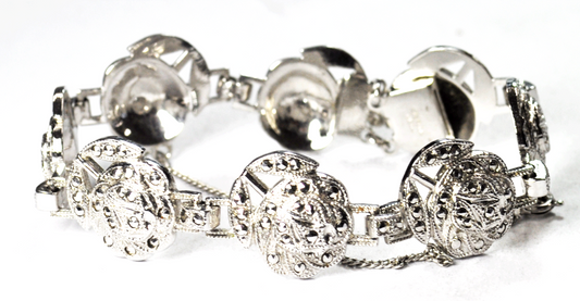Sterling Silver Theda Marcasite Flower Link 16mm 7" Safety Chain Bracelet