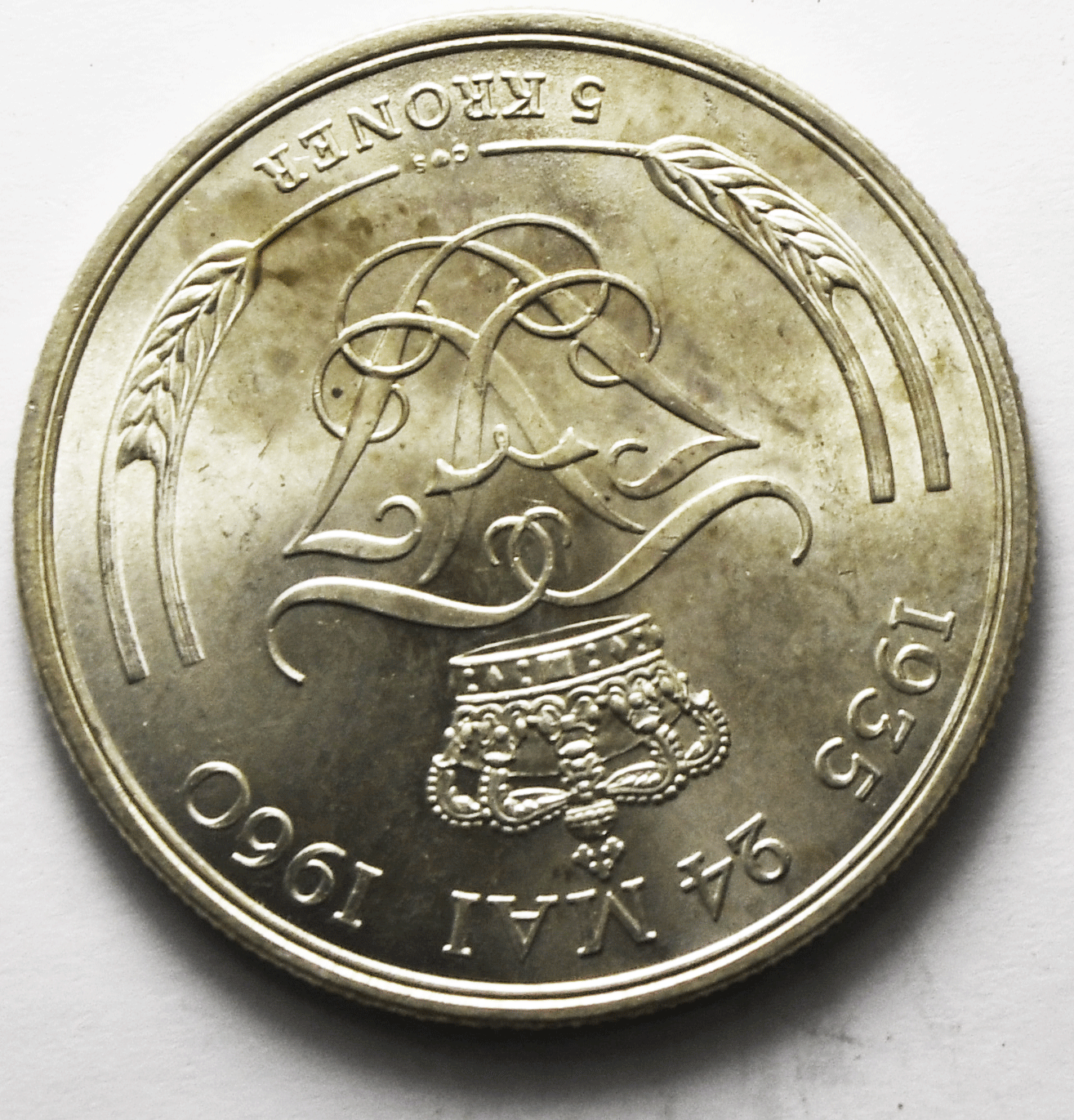 1960 Denmark 5 Kroner Silver Coin Uncirculated  KM# 852