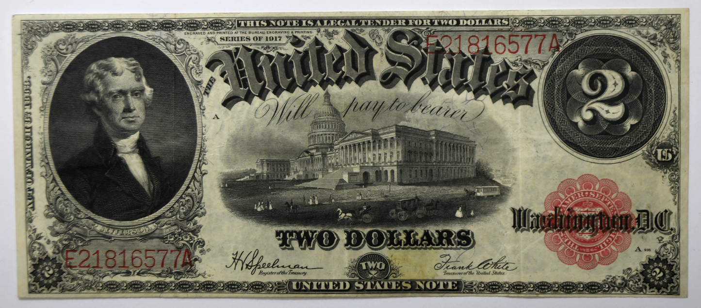 1917 $2 Two Dollars Legal Tender Note Jefferson Red Seal E21816577A FR#60