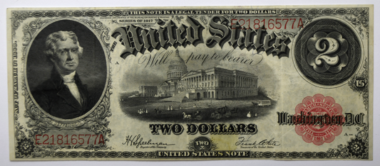 1917 $2 Two Dollars Legal Tender Note Jefferson Red Seal E21816577A FR#60