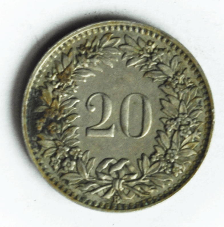 1939 B Switzerland 20 Twenty Rappen Copper Nickel Coin KM# 29a