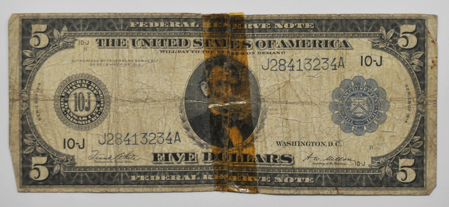 1914 $5 Federal Reserve Note KC J28413234A  FR#883A Five Dollars